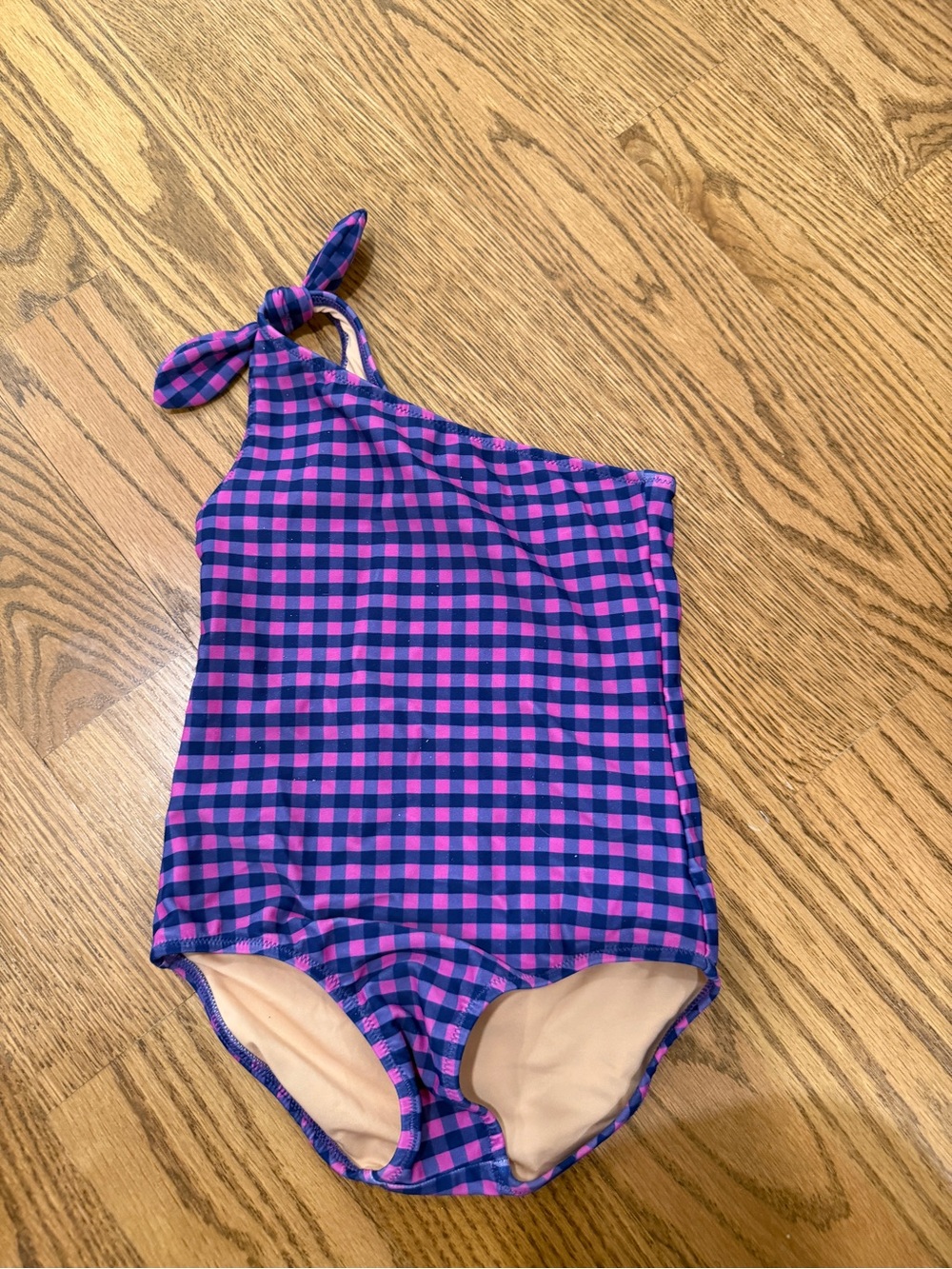 Crewcuts Pink and Purple Gingham One-Shoulder Swimsuit